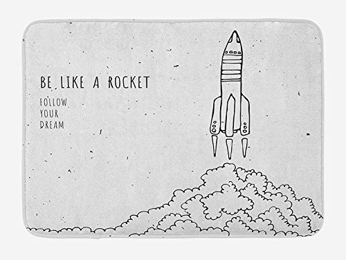 ASKYE Kids Bath Mat, Quote for Dream and Space Lovers Be Like Rocket Follow Your Dreams Inspiring Art, Plush Bathroom Decor Mat with Non Slip Backing, 23.6 W X 15.7 W Inches, Black and White