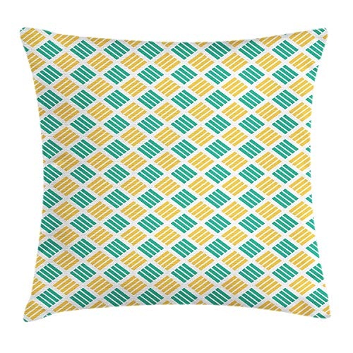 ZMYGH Geometric Throw Pillow Cushion Cover, Ornate Stripe Diagonal Allignment Modern Abstract Art Illustration, Decorative Square Accent Pillow Case, 18 X 18 Inches, Sea Green Yellow