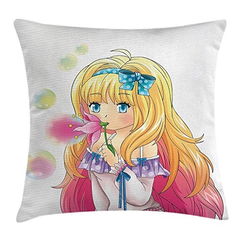 ZMYGH Anime Throw Pillow Cushion Cover, Cute Manga Girl Blowing Bubbles from a Flower Japanese Cartoon Artsy Japan Art Print, Decorative Square Accent Pillow Case, 18 X 18 Inches, Pink Yellow