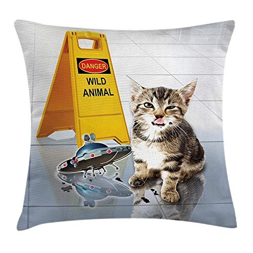 ZMYGH Animal Throw Pillow Cushion Cover, Cute Flirty Adorable Kitten on The Floor with UFO and Warning Sign Art Print Image, Decorative Square Accent Pillow Case, 18 X 18 Inches, Multicolor