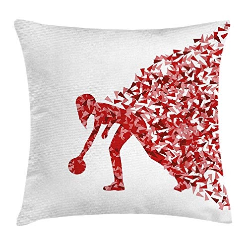 KAKICSA Bowling Party Decorations Throw Pillow Cushion Cover, Abstract Fractal Player Silhouette with Triangles Art, Decorative Square Accent Pillow Case, 18 X 18 Inches, Red Light Pink White