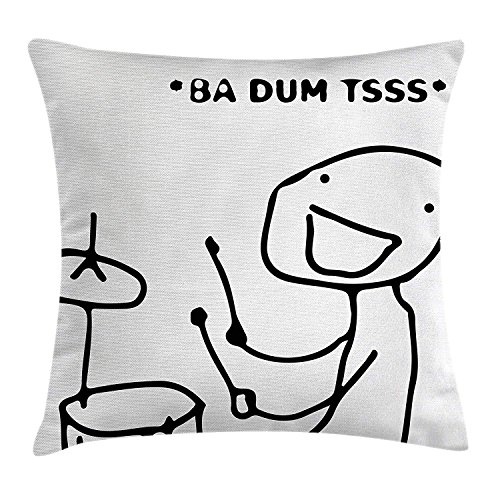 KAKICSA Humor Decor Throw Pillow Cushion Cover, Musician Stickman Plays Drums Happy Instrument Artisan Indie Style Figure Art, Decorative Square Accent Pillow Case, 18 X 18 Inches, Black White