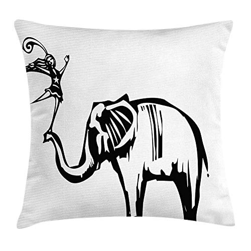 KAKICSA Elephant Throw Pillow Cushion Cover, Circus Acrobat Girl Standing on an Animal Trunk Monochrome Performance Art, Decorative Square Accent Pillow Case, 18 X 18 inches, Black and White