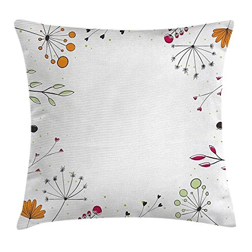 KAKICSA Modern Decor Throw Pillow Cushion Cover, Floral Branches with Geometric Flowers Art Print, Decorative Square Accent Pillow Case, 18 X 18 Inches, White Magenta Amber Pistachio Green