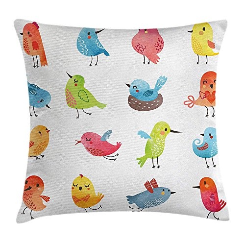 KAKICSA Animal Throw Pillow Cushion Cover, Colorful Cute Birds Watercolor Effect Humor Funny Mascots Paint Brush Art Kids Design, Decorative Square Accent Pillow Case, 18 X 18 Inches, Multi