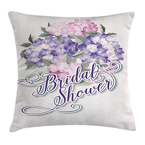 KAKICSA Bridal Shower Throw Pillow Cushion Cover, Shabby Chic Hydrangeas Romantic Bride Flowers Image Art Print, Decorative Square Accent Pillow Case, 18 X 18 Inches, Purple and Pale Pink