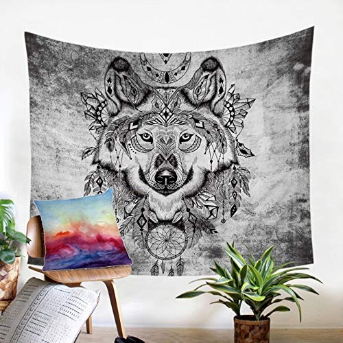 Tribal Wolf Tapestry Wall Hanging Dream Catcher Decorative Wall Art Indian Bedspreads Black and White Bed Sheets Home Living Room Bedroom Room Interior Decoration