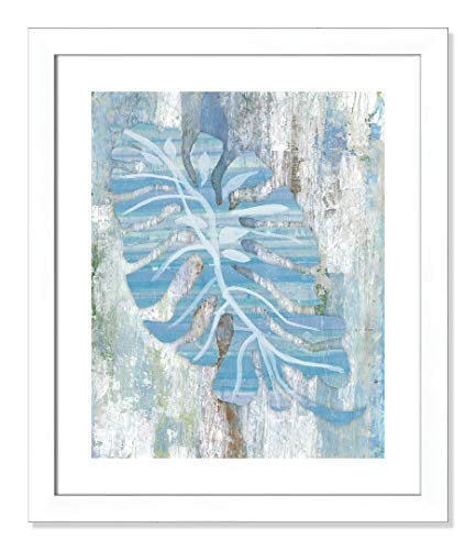 Casa Fine Arts Blue Dreams Kunstdruck, Holzstruktur, Tropische Palmenblätter, 51,9 x 61,9 cm, matt weißer Rahmen