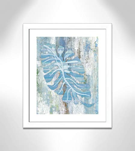 Casa Fine Arts Blue Dreams Kunstdruck, Holzstruktur, Tropische Palmenblätter, 51,9 x 61,9 cm, matt weißer Rahmen