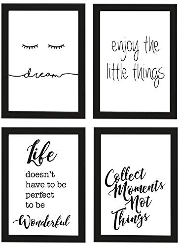 PICSonPAPER Poster 4er-Set Leben, gerahmt DIN A4, Dream, Enjoy The Little Things, Life Doesnt Have to be Perfect, Collect Moments (Dreamjoy, mit IKEA Fiskbo schwarz Rahmen)