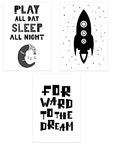 PICSonPAPER Kinderposter 3er-Set Rakete schwarz Weiss, ungerahmt DIN A4, Play All Day, Sleep All Night, Forward to The Dream, Rocket, modern