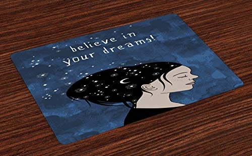 ABAKUHAUS Motivierend Platzmatten, Porträt der Frau mit dunklem Haar und Mond Stars Dream Believer Zitat Feminine Art, Tiscjdeco aus Farbfesten Stoff für das Esszimmer und Küch, Blau