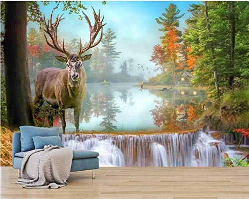 Benutzerdefinierte 3D Fototapete Wandbild Nordic Dream Wasserfall Wald Elch Wohnzimmer Wandbild dekorative Malerei, 400 * 280cm
