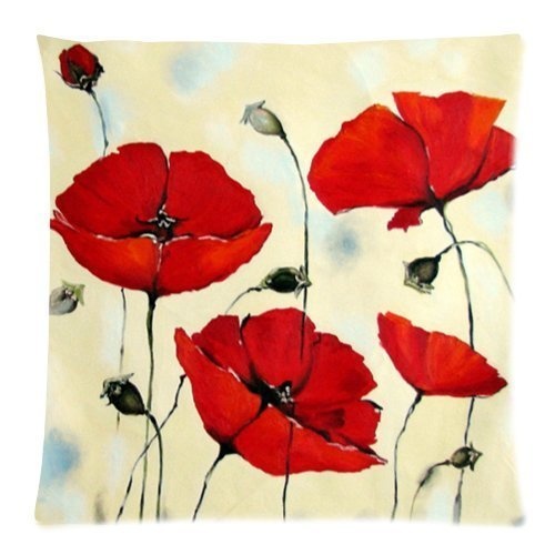 Red Poppy Flower Art Painting Throw Pillow Case Zippered...