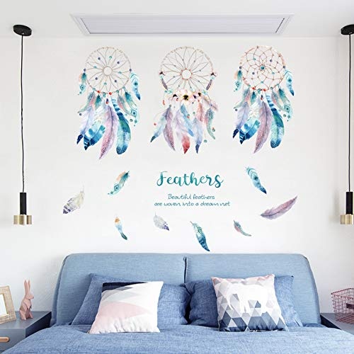 Wall Sticker Kreatives Schlafzimmer Warm Kleine Frische Nordische Literatur Blau Feather Catcher Dream Net Wasserdicht Selbstklebendwandaufkleber Für Schlafzimmer Aufkleber Wandsticker Wohnzimmer Mit