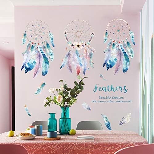 Wall Sticker Kreatives Schlafzimmer Warm Kleine Frische Nordische Literatur Blau Feather Catcher Dream Net Wasserdicht Selbstklebendwandaufkleber Für Schlafzimmer Aufkleber Wandsticker Wohnzimmer Mit