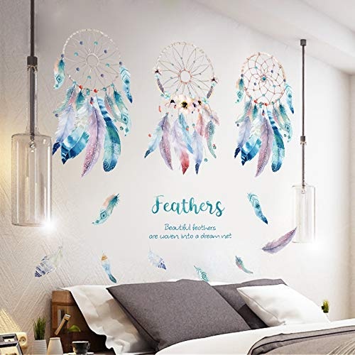 Wall Sticker Kreatives Schlafzimmer Warm Kleine Frische Nordische Literatur Blau Feather Catcher Dream Net Wasserdicht Selbstklebendwandaufkleber Für Schlafzimmer Aufkleber Wandsticker Wohnzimmer Mit