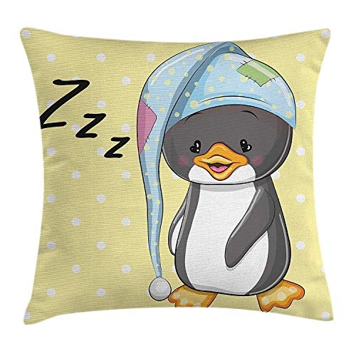 Cartoon Throw Pillow Cushion Cover, Sleepy Baby Penguin in Hood Ready to Bed Childhood Happy Dream Cartoon Art, Decorative Square Accent Pillow Case, 24 X 24 Inches, Yellow Grey White