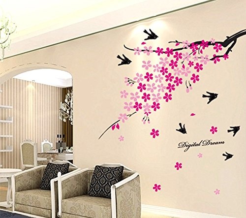 E-Spring Love rosa Blumen, Vögel, Fliegen, Reiten, Motiv Dream Wandsticker, abnehmbar Aufkleber für Home Decor
