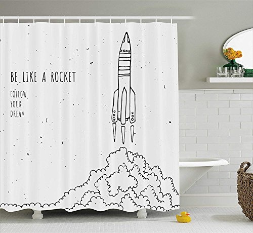 JIEKEIO Kids Shower Curtain, Quote for Dream and Space Lovers Be Like Rocket Follow Your Dreams Inspiring Art, Fabric Bathroom Decor Set with Hooks, 60W X 72L Inches, Black and White