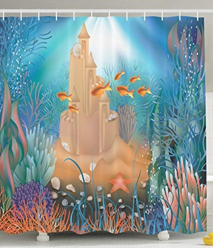 Kids Shower Curtain Nursery Decor by Ambesonne, Fairy Sand Castle Underwater Dream World Sea Star Seashell Modern Art Tropical Fish Decorations for Bathroom Blue Aqua Turquoise Gold Khaki Purple Coral