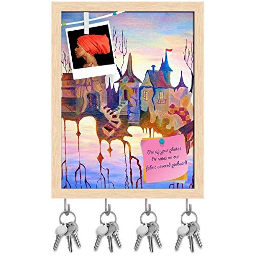 ArtzFolio Dream City In The Sky Key Holder Hooks | Notice Pin Board | Natural Brown Frame 12 X 15.7Inch