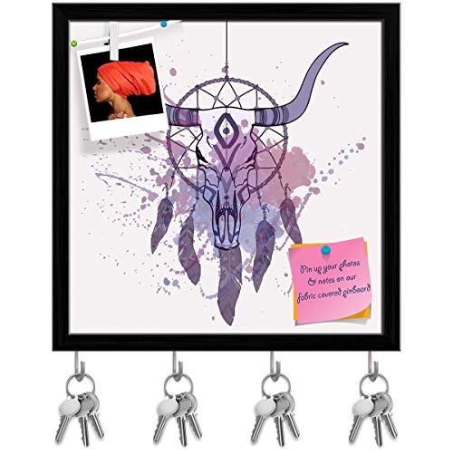 ArtzFolio Bull Skull & Dream Catcher Key Holder Hooks | Notice Pin Board | Black Frame 20 X 20Inch