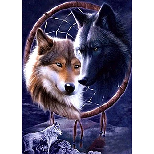 DIY 5D Diamond Painting, Crystal Rhinestone Diamond Embroidery Paintings Pictures Arts Craft for Home Wall Decor Wolf Dream Catcher 11.8 X 15.7 Inch