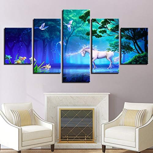 LAKHAFZY Rahmenlos Modern Wall Art Canvas HD Prints Poster 5 Pieces White Horse Animals Painting Dream Forest Unicorn Pictures Home Decor