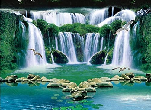 3D Wallpaper Wandbild 3D Wallpaper Dream Wasserfall Fließendes Wasser Grün Waldbad, 300Cmx210Cm