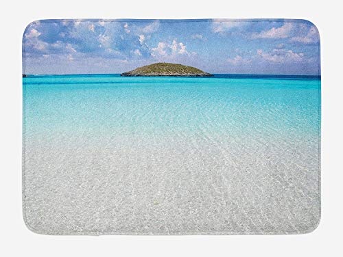 HLKPE Ocean Bath Mat, Paradise Beach in Caribbean Water with a Small Island Scene Dream Away Art Print, Plush Bathroom Decor Mat with Non Slip Backing, 23.6 W X 15.7 L Inches, Cream Turquoise