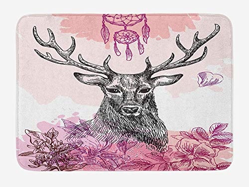 CHKWYN Deer Bath Mat, Sketch of Deer with Flowers Leaves...