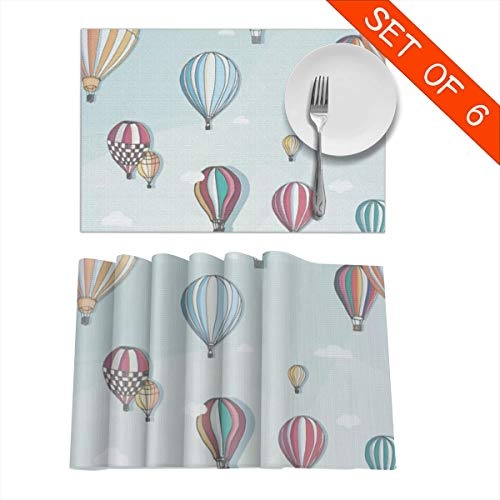 Dimension Art Hot Air Balloons In The Clouds Dream Placemats Set of 6 for Dining Table Washable Polyester Placemat Non-Slip Wear and Heat Resistant Kitchen Table Mats Easy to Clean