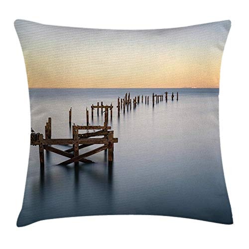 Cupsbags Scenery House Decor Throw Pillow Cushion Cover by, Old Vintage Ruined Wooden Pier Deck in Still Water Serene Art Photo, Decorative Square Accent Pillow Case, Yellow Blue24