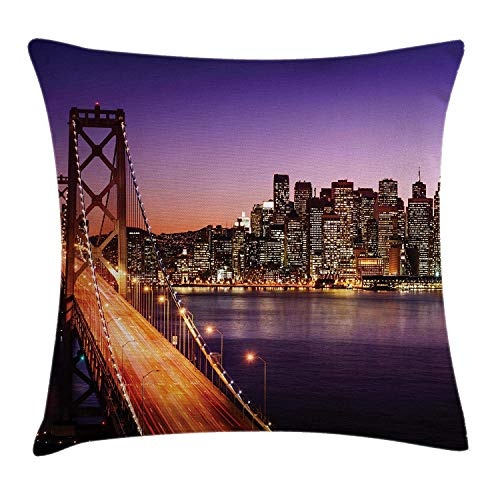 Cityscape Throw Pillow Cushion Cover, City at Night Bridge on River Skyscrapers Cities USA Themed Water Arts Print, Decorative Square Accent Pillow Case, 18 X18 Inches, Purple Orange