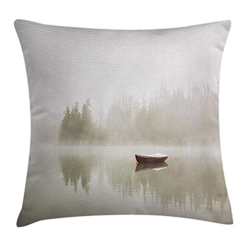 Landscape Throw Pillow Cushion Cover by, Boat on The Lake with Silhouettes of Trees on The Water Sky Nature Art, Decorative Square Accent Pillow Case, 18 X 18 Inches, Eggshell Brown Orange