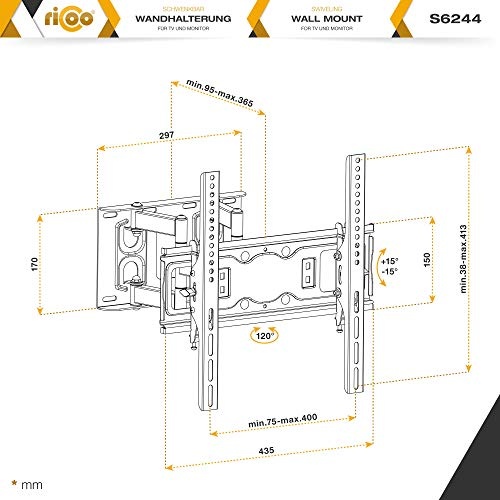 RICOO TV Wandhalterung S6244 Universal Fernseh Halterung Schwenkbar Neigbar Wand Halter Aufhängung auch für Curved LCD und LED Fernseher | ca. 81-165cm / 32-65 Zoll | VESA 200x100 400x400 | Schwarz