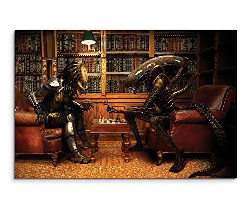 Alien vs Predator Playing Chess Wandbild 120x80cm XXL Bilder und Kunstdrucke auf Leinwand