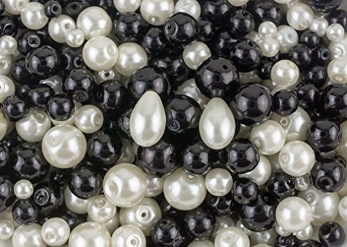 Glas Perlen, schwarz und weiß Perlen mit Pearl Behandlung; 4 mm, 6 mm, 8 mm und 10 mm Perlen. 490 Stück. Für Schmuck und Arts und Crafts