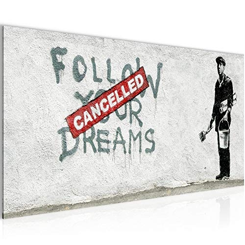 Bilder Banksy Follow your Dream Wandbild Vlies - Leinwand Bild XXL Format Wandbilder Wohnzimmer Wohnung Deko Kunstdrucke Grau 1 Teilig - MADE IN GERMANY - Fertig zum Aufhängen 301912a