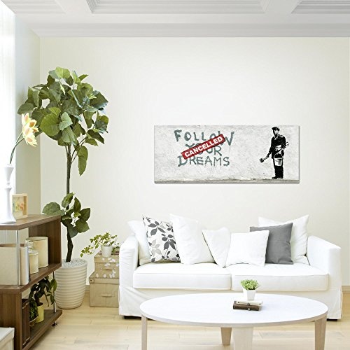 Bilder Banksy Follow your Dream Wandbild Vlies - Leinwand Bild XXL Format Wandbilder Wohnzimmer Wohnung Deko Kunstdrucke Grau 1 Teilig - MADE IN GERMANY - Fertig zum Aufhängen 301912a