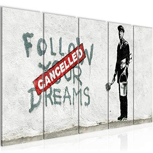 Bilder Banksy Follow your Dream Wandbild 200 x 80 cm - 5 Teilig Vlies - Leinwand Bild XXL Format Wandbilder Wohnzimmer Wohnung Deko Kunstdrucke Grau - MADE IN GERMANY - Fertig zum Aufhängen 301955a