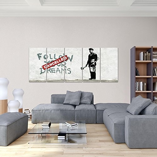 Bilder Banksy Follow your Dream Wandbild 200 x 80 cm - 5 Teilig Vlies - Leinwand Bild XXL Format Wandbilder Wohnzimmer Wohnung Deko Kunstdrucke Grau - MADE IN GERMANY - Fertig zum Aufhängen 301955a