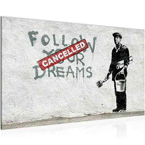 Bild Banksy Follow your Dream Wandbild Vlies - Leinwand Bilder XXL WandBild Wohnzimmer Wohnung Deko Kunstdrucke Grau 1 Teilig - MADE IN GERMANY - Fertig zum Aufhängen 301914a
