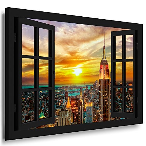 Fotoleinwand24 Bild auf Leinwand - Fensterblick New York Sonnenuntergang AA0317 / Schwarz / 150x100 cm