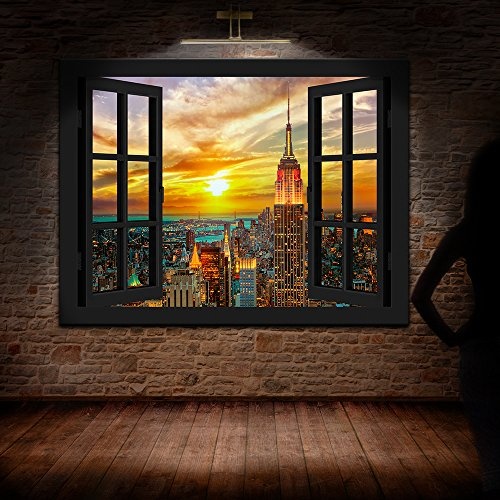 Fotoleinwand24 Bild auf Leinwand - Fensterblick New York Sonnenuntergang AA0317 / Schwarz / 150x100 cm