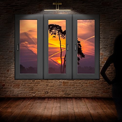 Bild auf Leinwand - Fensterblick Sonnenuntergang Baum -...