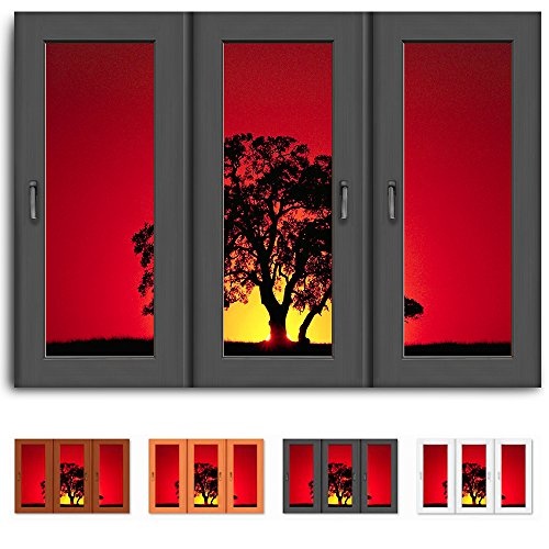 Bild auf Leinwand - Fensterblick Abendrot Baum -...