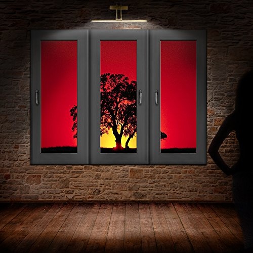 Bild auf Leinwand - Fensterblick Abendrot Baum -...