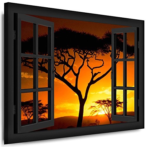 Bild auf Keilrahmen - Fensterblick Sonnenuntergang Mit Baum - Fotoleinwand24 / AA0293 / Schwarz / 120x80 cm
